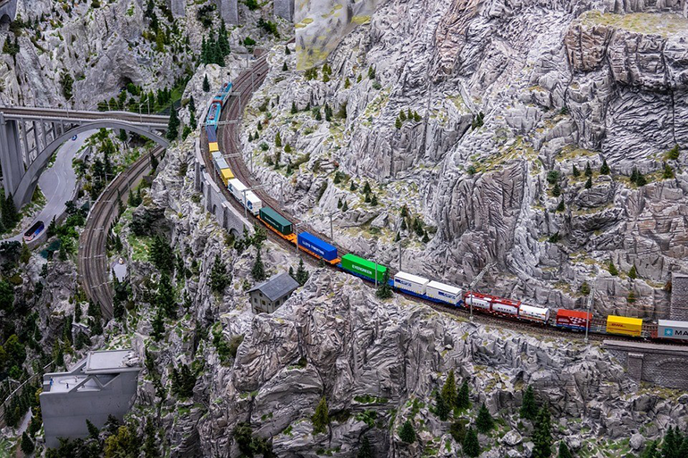 Train with containers on mountain railway