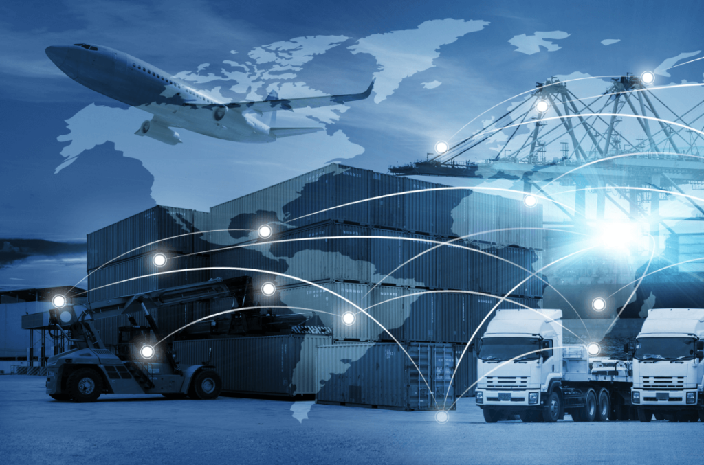 Illustration of air, road, and rail transport modes indicating MyDello's multi-modal logistics solutions