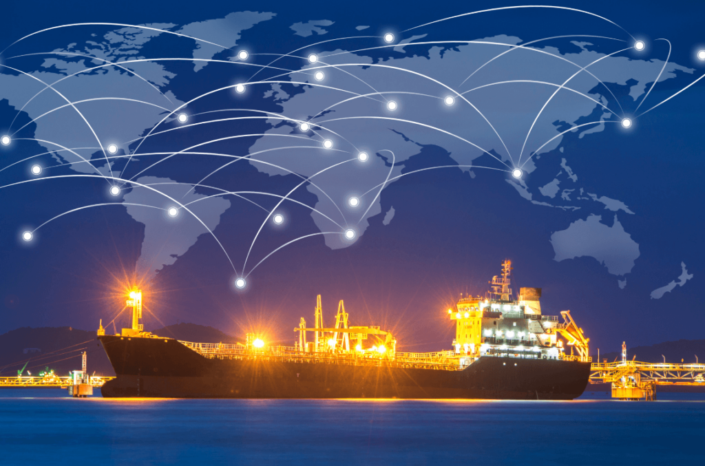 Cargo ship with a network illustration symbolizing global connectivity with MyDello