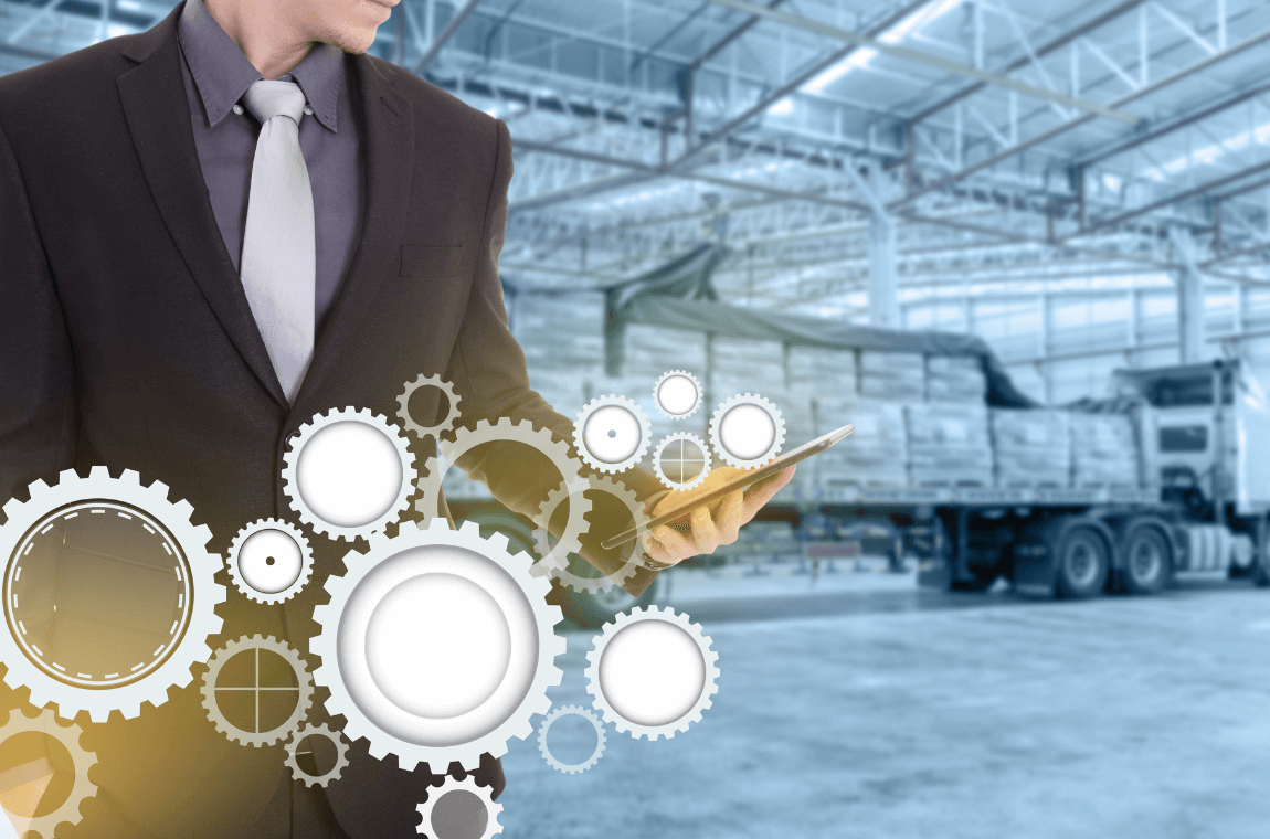 "Man holding a tablet with tech and gears overlayed, illustrating system operations with MyDello.