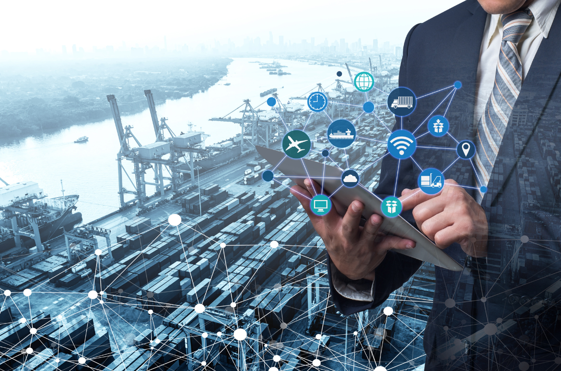 Man holding a tablet in front of a busy shipping yard, symbolizing efficient management of peak season logistics with MyDello