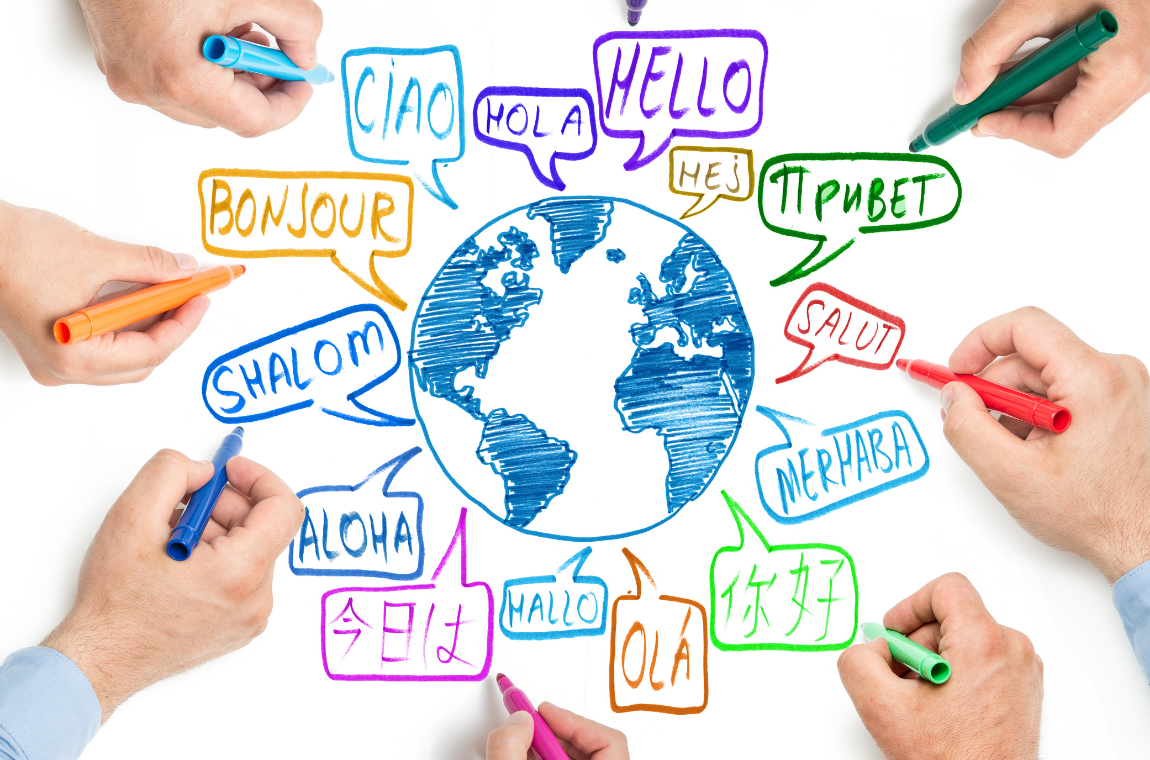 World map on a whiteboard with multiple hands holding markers, each writing 'hallo' in different languages.