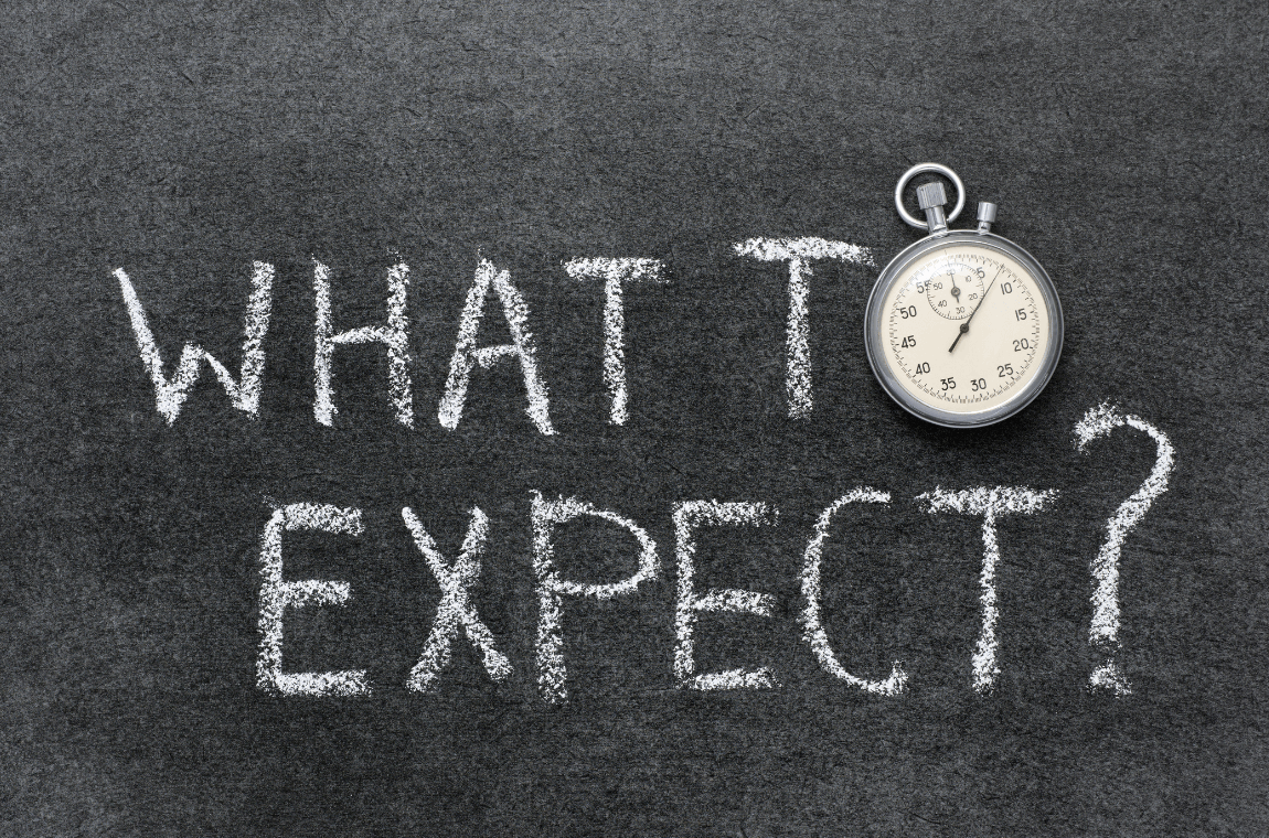 Blackboard with "what to expect" written in chalk and a stopwatch beside it.