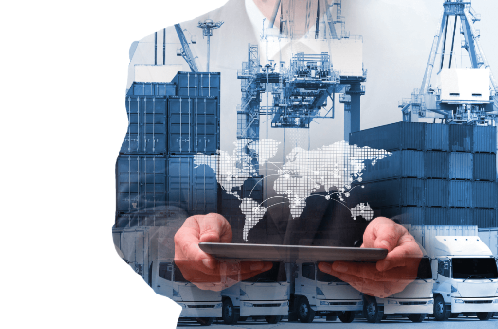 Enhancing Visibility and Traceability in Logistics 2 Man holding a tablet displaying a world map with trace routes, reflecting cargo logistics in his shadow.