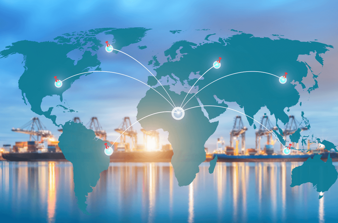 Illustrated world map showing logistics routes overlaying a coastal city.
