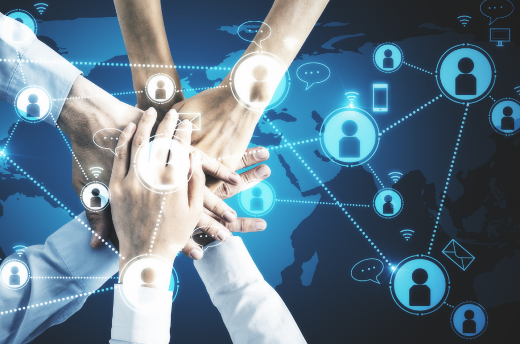 Connected world illustration with hands, highlighting global MyDello ecommerce partnerships.